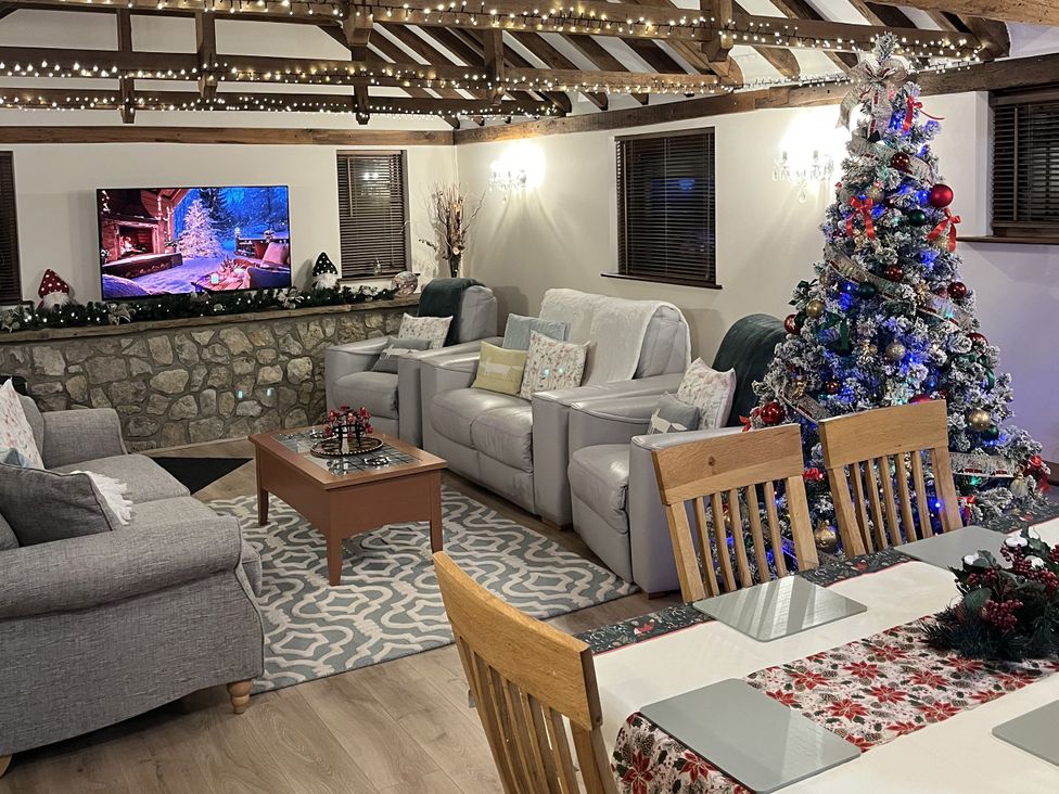 A living room with a television and Christmas tree at WEST LODGE in Kingsnorth