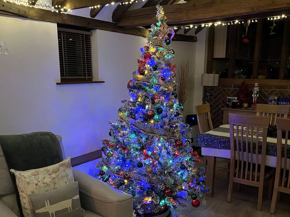 A living room with a Christmas tree and dining table at WEST LODGE in Kingsnorth