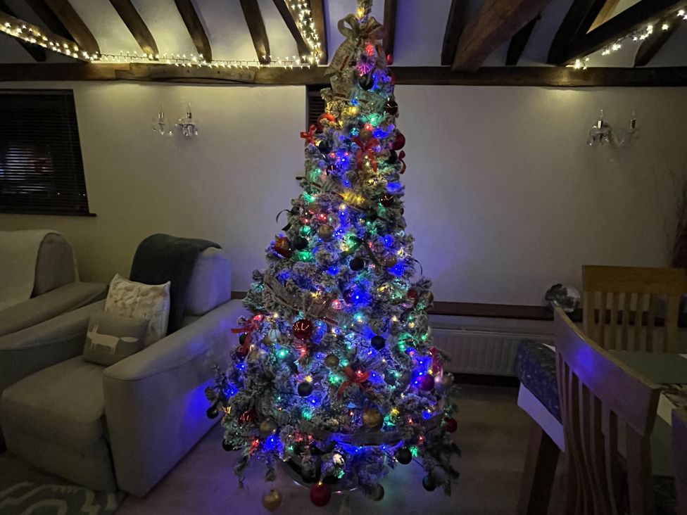 A Christmas tree in a living room at WEST LODGE in Kingsnorth
