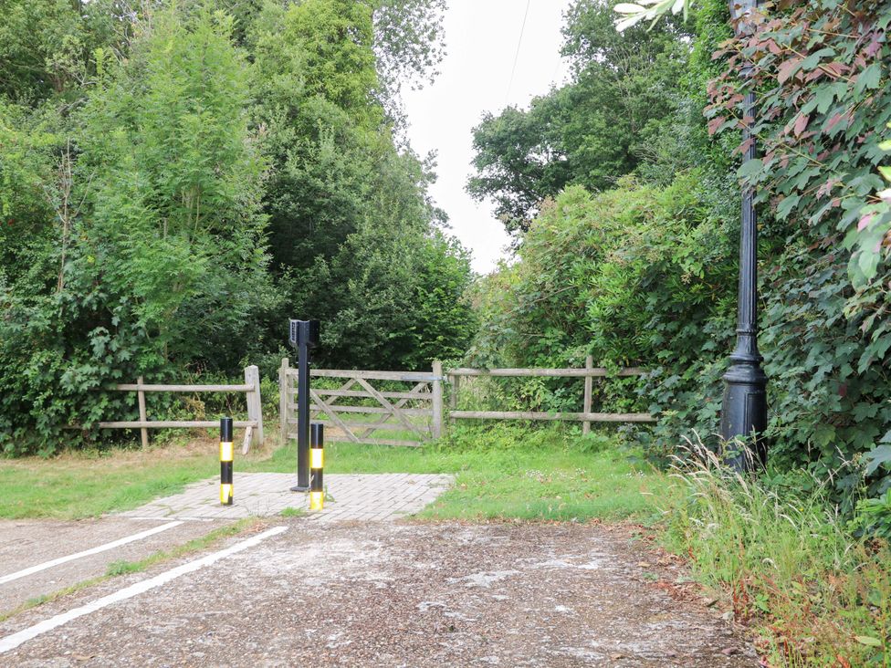 A pathway leading to a gate with a lamp post at Daisy Cottage in Pevensey