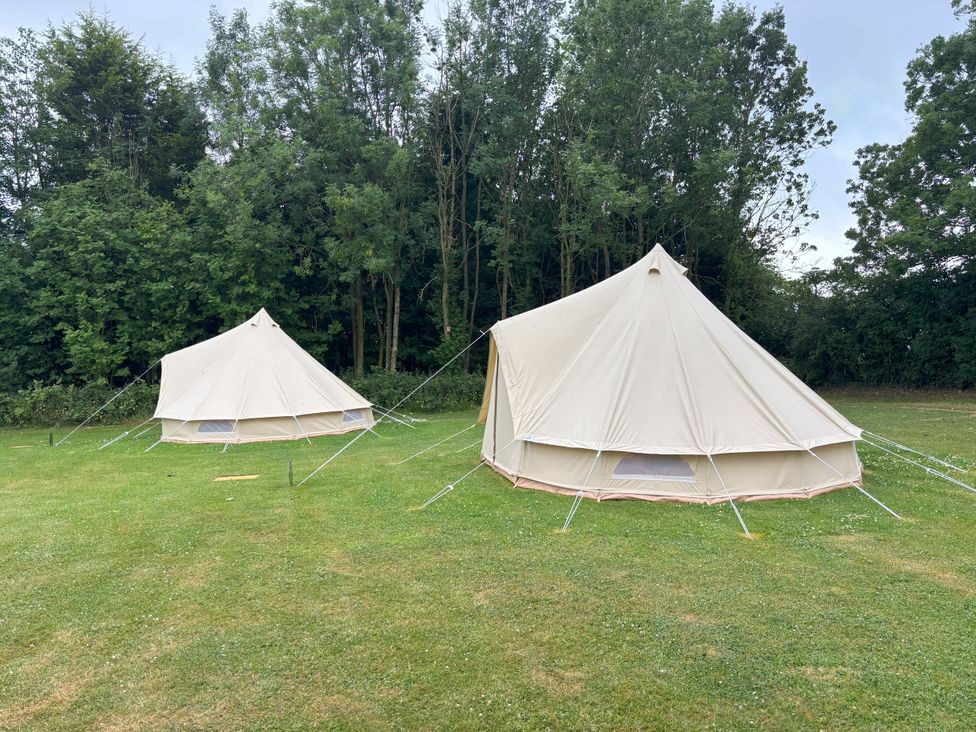 Two bell tents on grass surrounded by trees at Bell Tent 