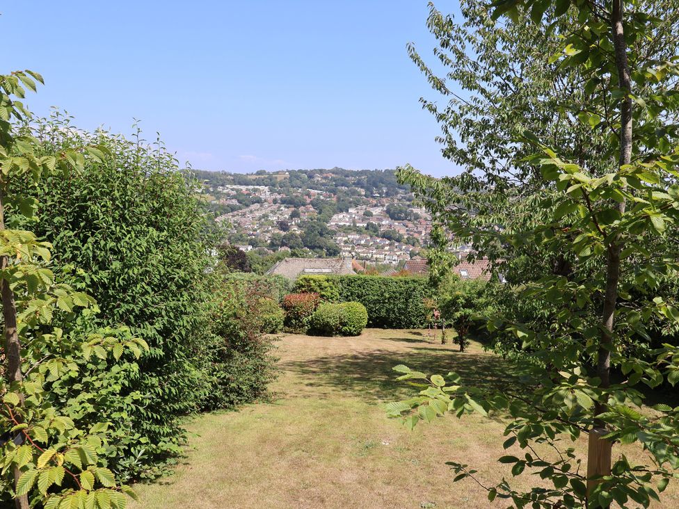 A garden with grass and bushes overlooking a city at Hawksdown in Lyme Regis