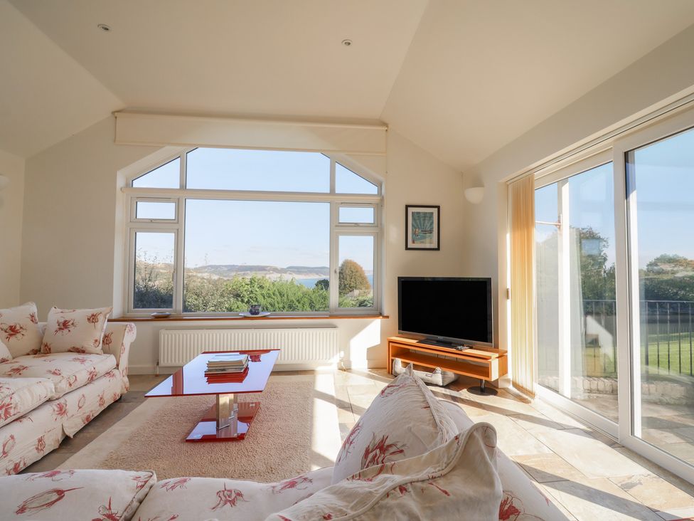 A living room with a sofa and a television at Hawksdown in Lyme Regis