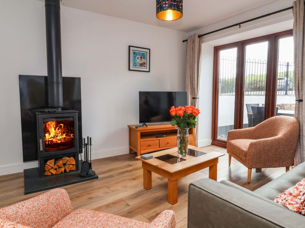 A living room with a stove and television at Butterfly Days in Bideford