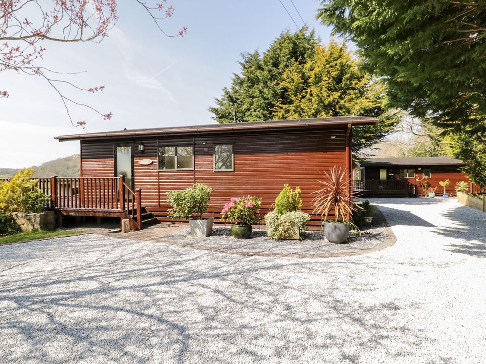 A cabin with a deck and plants at Summertime Lodge Rhyd-y-Foel near Abergele