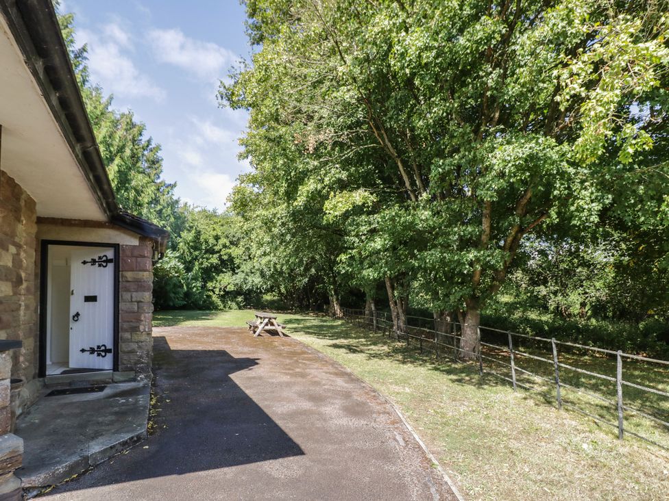 An outdoor area with a bench and trees at Raglan Lodge in Monmouth