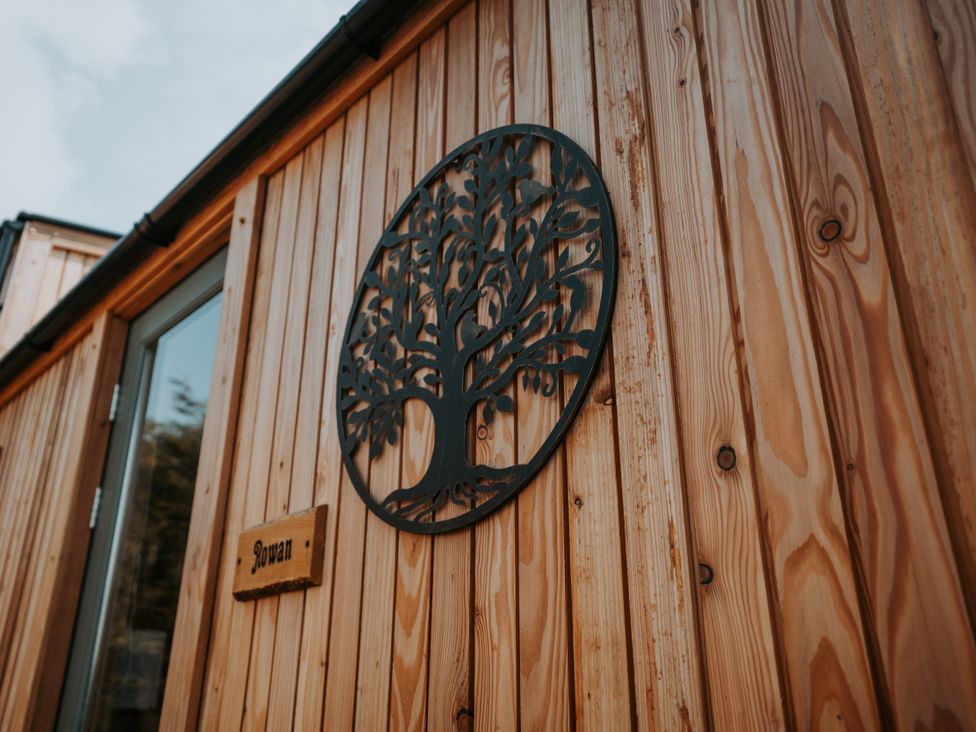 A wooden exterior with tree decoration and a sign at Driftwood in Carreglefn near Llanfechell