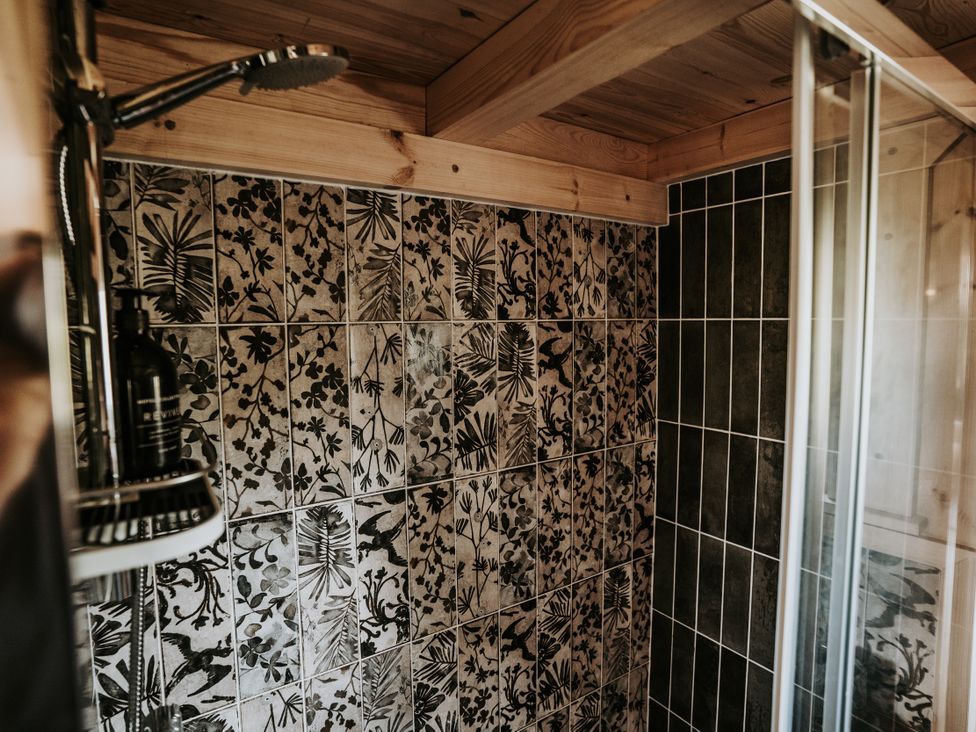 A shower with decorative tiles and a shelf at Rowan in Carreglefn near Llanfechell