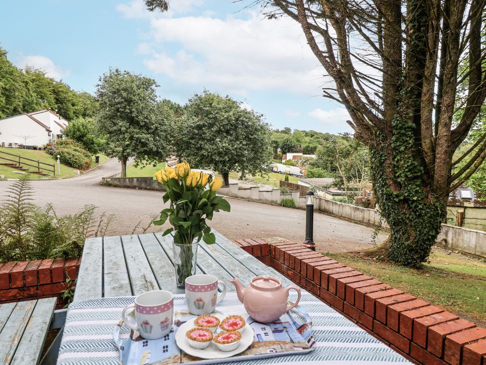 A table set with tea and cookies at Manorcombe 21 Honicombe Holiday Village near Gunnislake