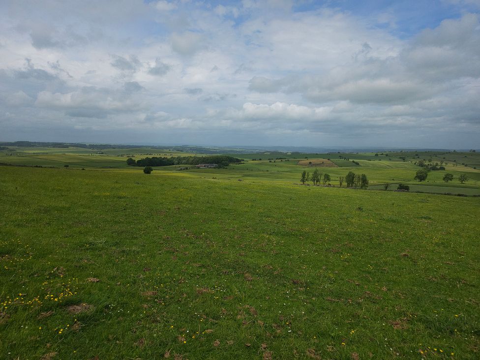 A landscape view of green fields and trees at Rockhurst Farm near Winster