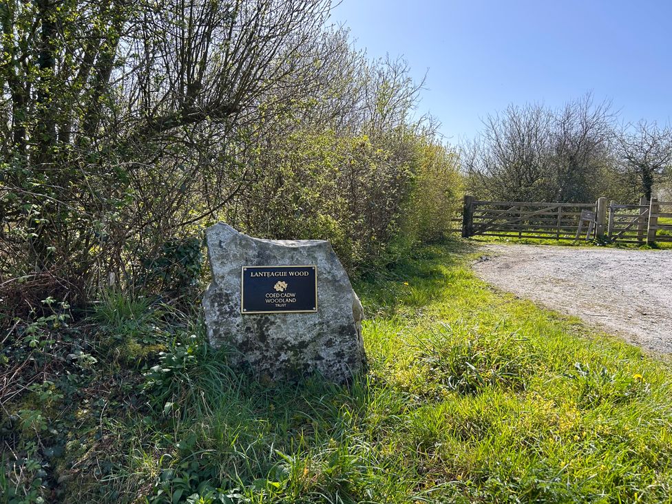 A sign indicating Lanteague Wood near a gate in Amroth
