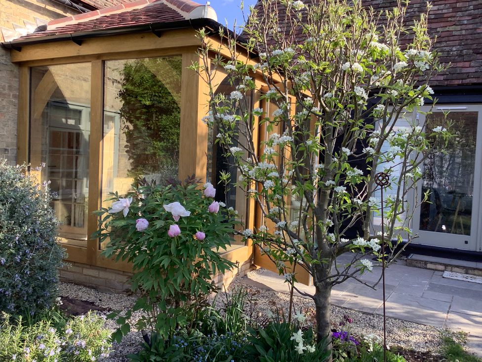 A garden with a conservatory and flowering trees at Little Barn in Orwell
