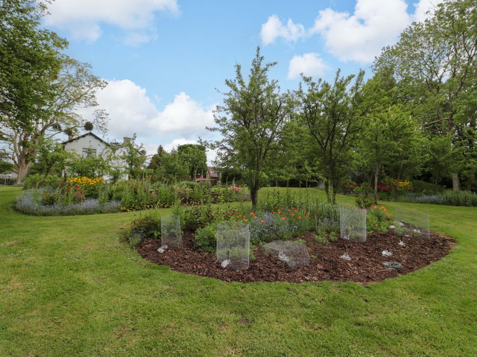 A garden with trees and flowers at Stowey Mead Stables Bishop Sutton