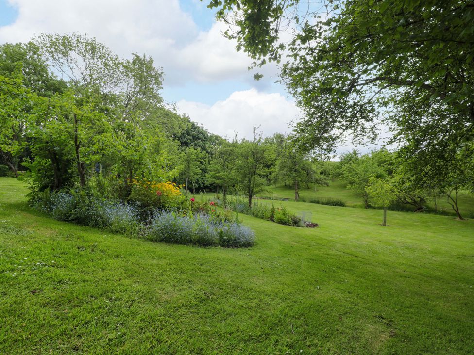 A garden with grass and flower beds at Stowey Mead Stables Bishop Sutton
