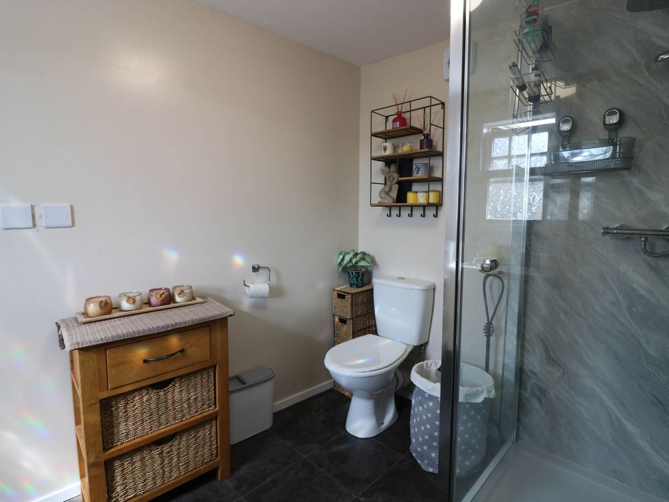 A bathroom with a toilet and shower at The Cabin in East Wemyss near Buckhaven