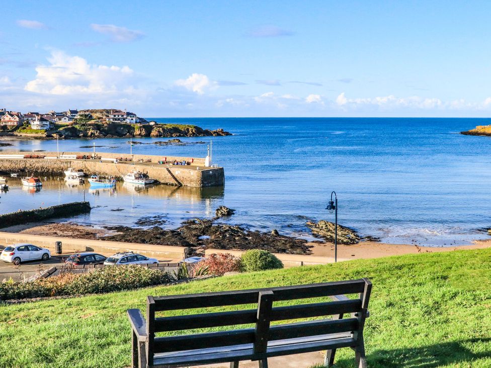 A view of a harbor with boats and a bench at 2 Harbour Lights Cemaes Bay