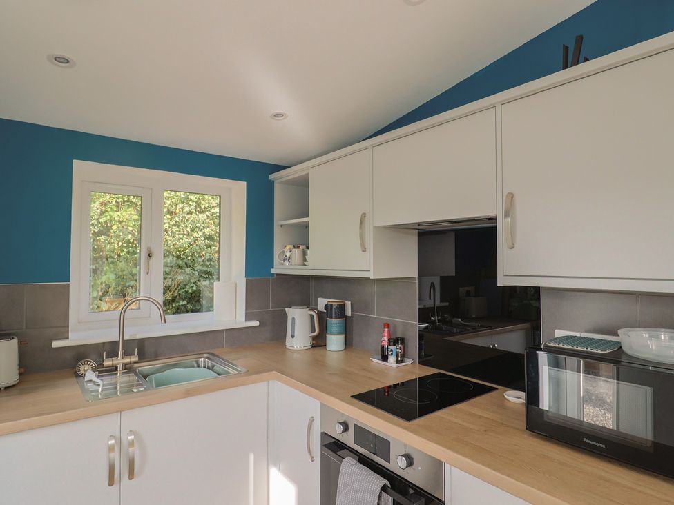 A kitchen with a sink, kettle, and microwave at The Roost in Whitford Nr. Colyton