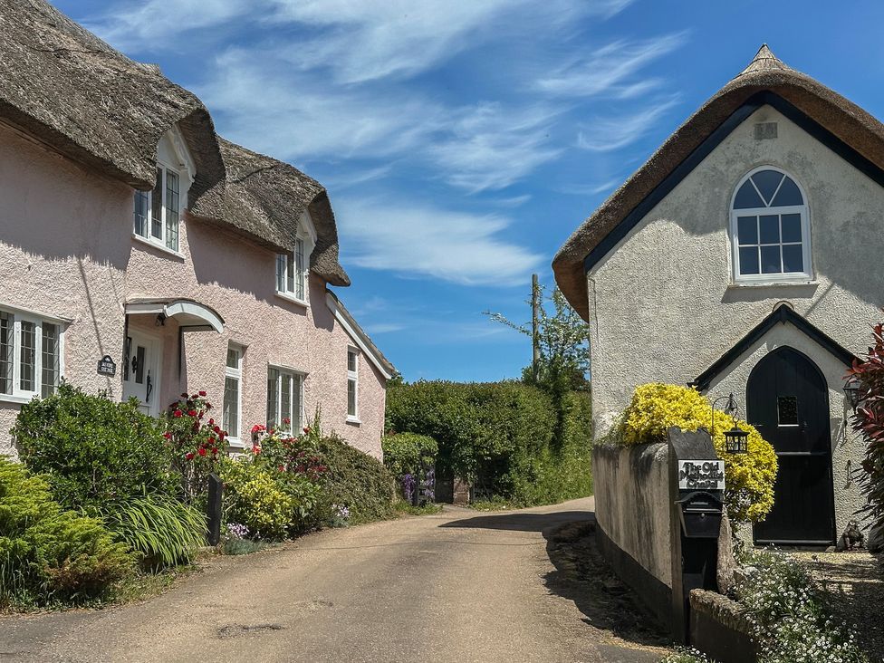 A thatched roof cottage and a pink cottage on a road at The Roost in Whitford Nr. Colyton