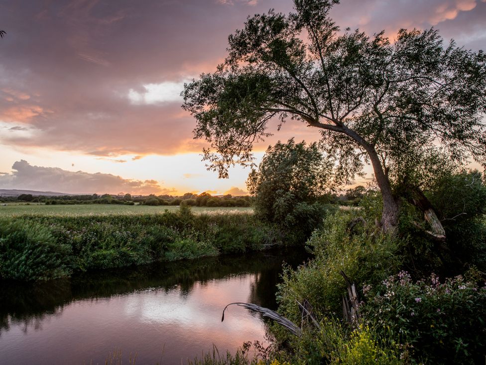 A river with trees and grass under a sunset at The Red House in Farndon