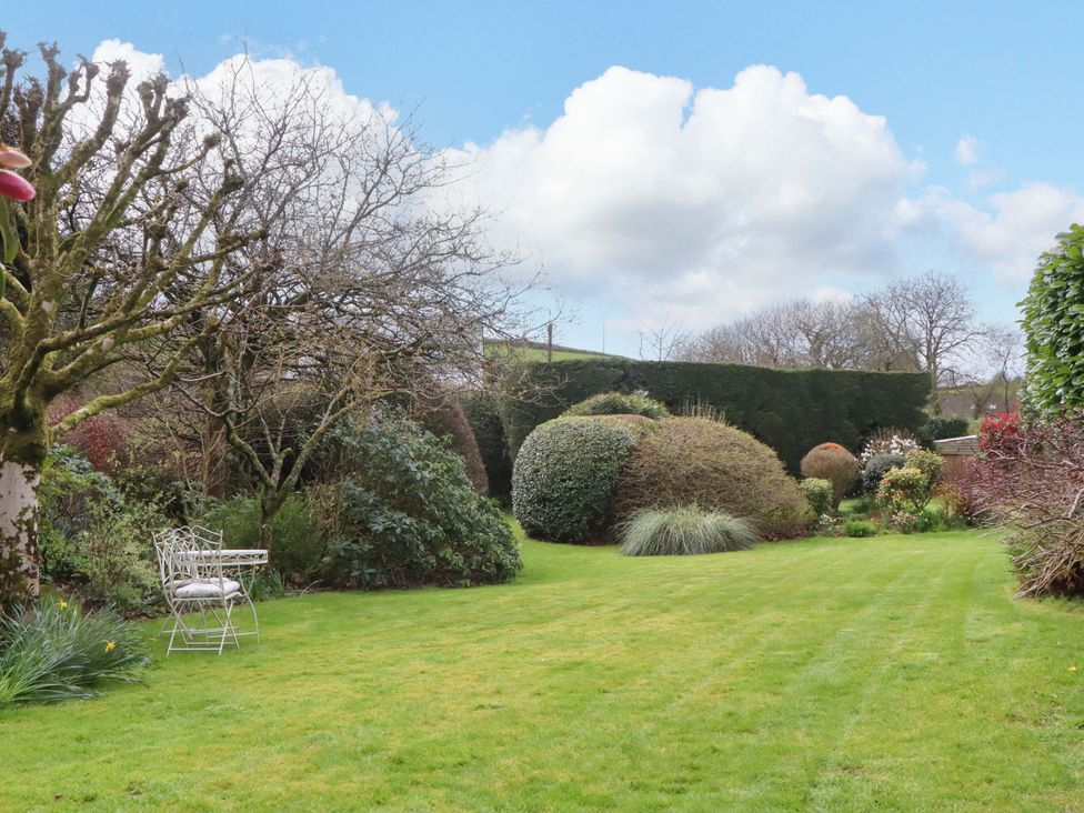 A garden with trees and a chair at Town Farm Cottage in Barnstaple