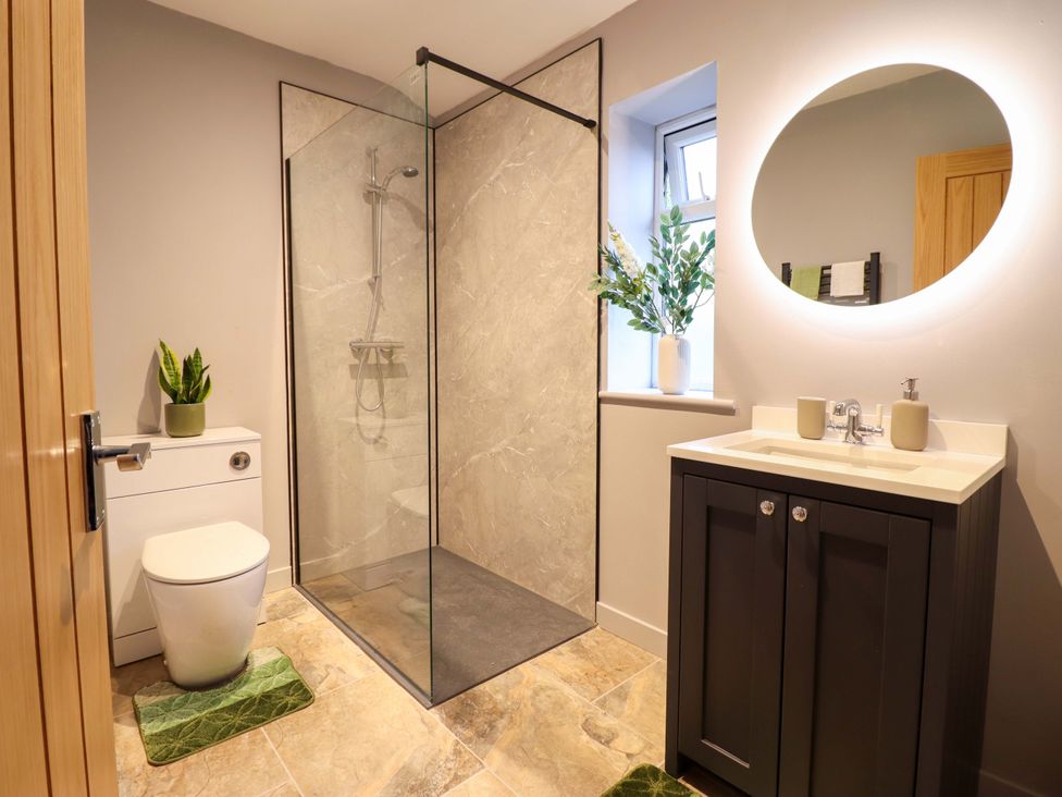 A bathroom with a shower, toilet, and vanity cabinet at Clegir Bach in Corwen