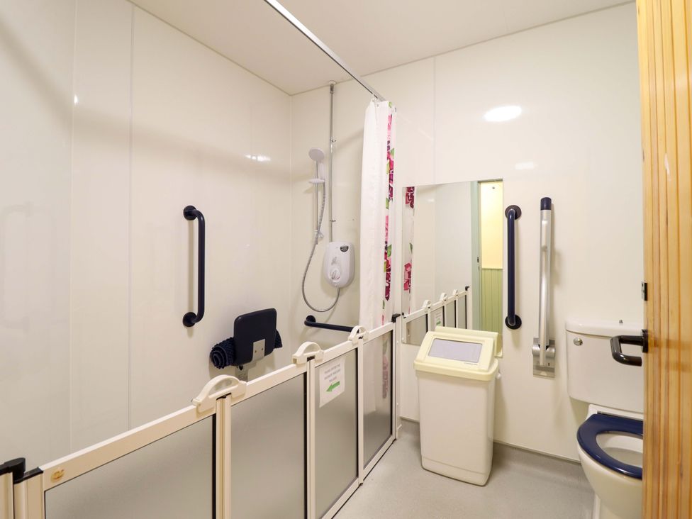 A bathroom with a shower, toilet, and sink at Clwyd Special Riding Centre Llanfynydd