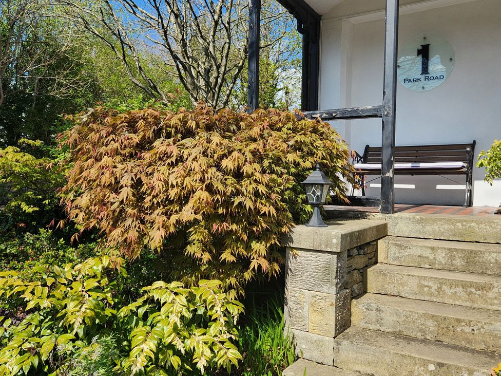 An outdoor area with plants and a bench at 1 Park Road in Windermere