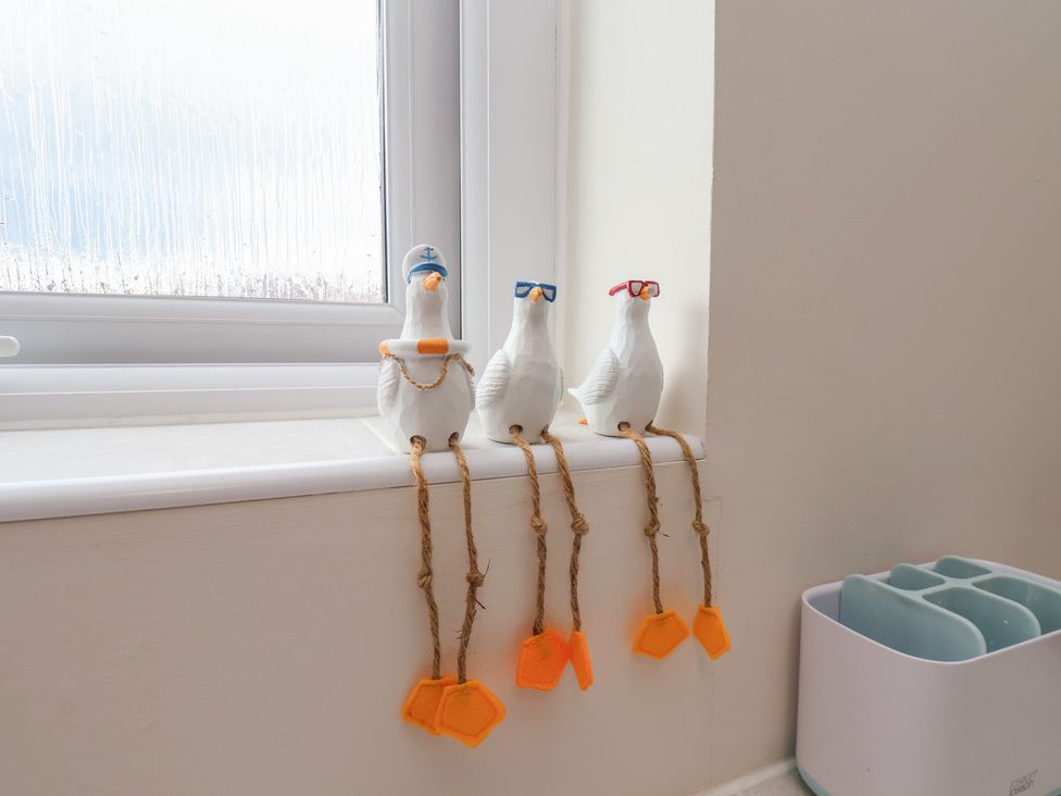 Decorative seagulls with sunglasses on a windowsill at Larpool Retreat