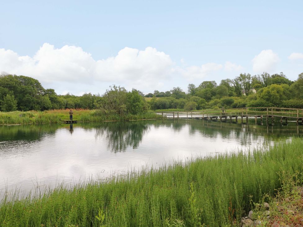 A person by the water with grass and trees at Oak Lodge near Mynydd Cerrig