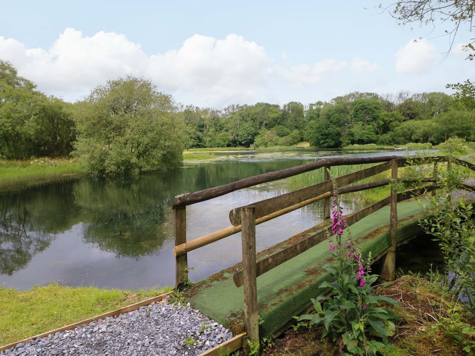 A bridge over water with trees and grass at Oak Lodge Mynydd Cerrig near Porthyrhyd