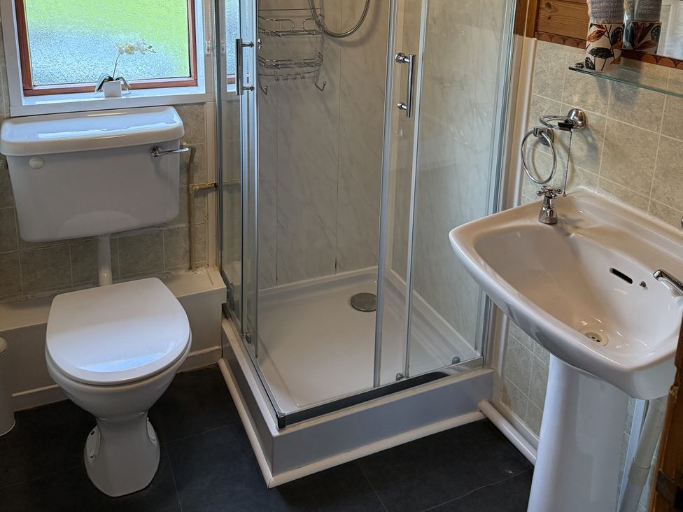 A bathroom with a toilet, shower, and sink at Ash Lodge near Mynydd Cerrig