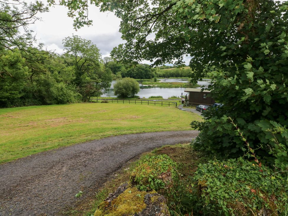 A lake view with trees and a cabin at Ash Lodge in Mynydd Cerrig near Porthyrhyd