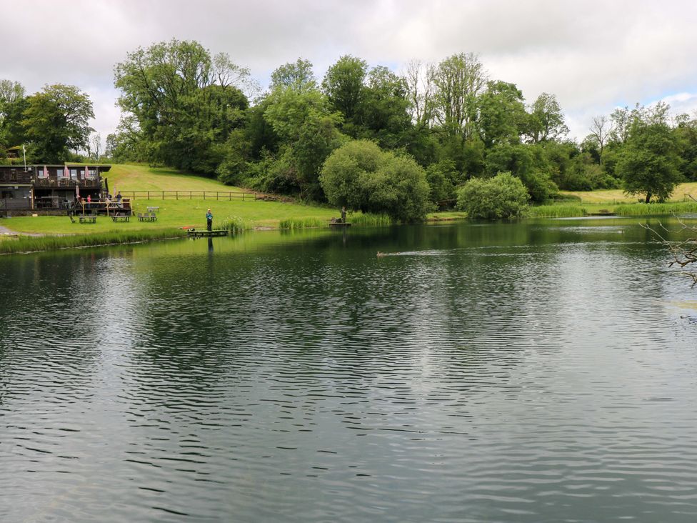 A lake with trees and a fisherman at Ash Lodge in Mynydd Cerrig near Porthyrhyd