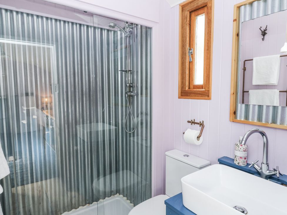 A bathroom with a shower and wash basin at Brondel Luxury Shepherd's Hut