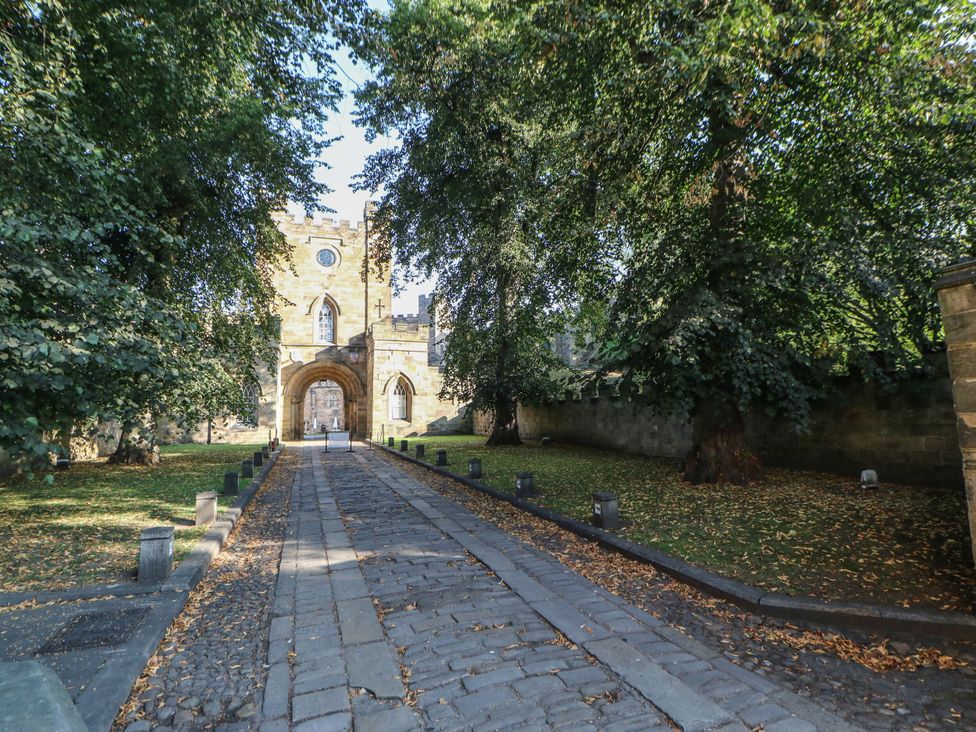 A pathway leading to a gate surrounded by trees at St Ronans in Bishop Auckland