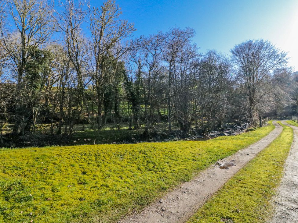 A grassy area with trees and a path in Grianach Balnaguard near Strathtay