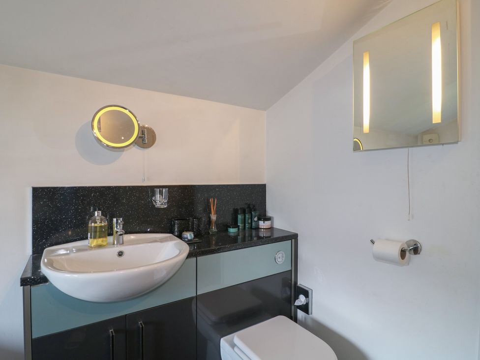 A bathroom with a sink, toilet, and mirror at Blindwell House
