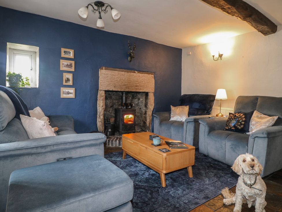 A living room with a fireplace and seating at Blindwell House