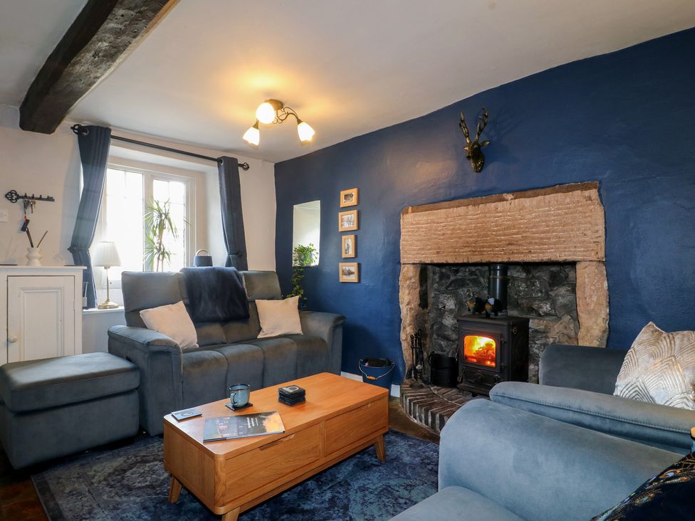 A living room with a blue wall and a fireplace at Blindwell House 