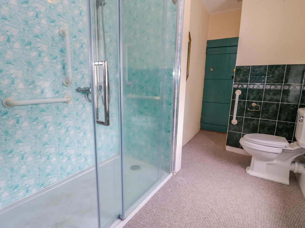 A bathroom with a shower and toilet at Bryn Dwr in Llangollen