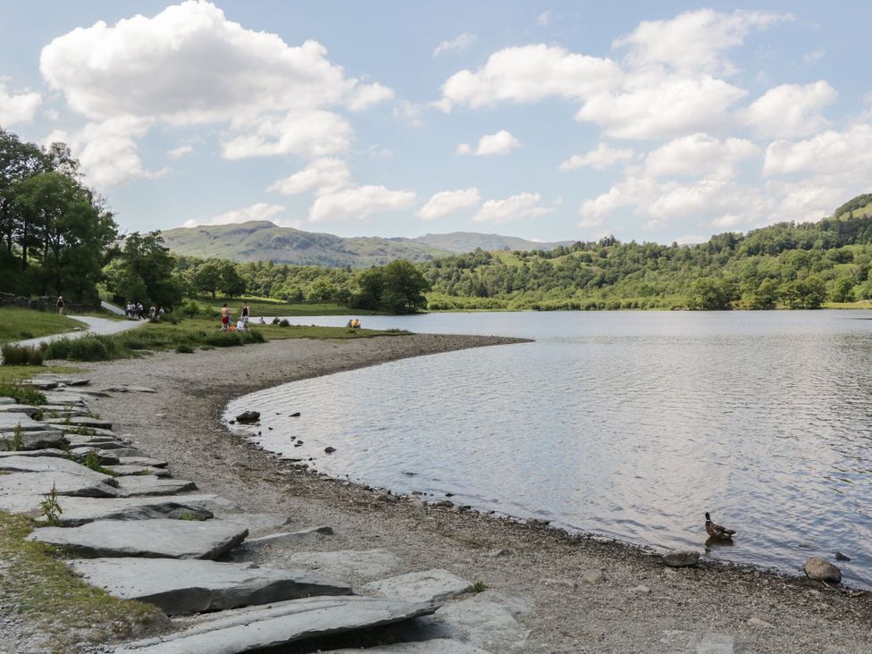 A lake with a shoreline and trees at Shelley, Ambleside