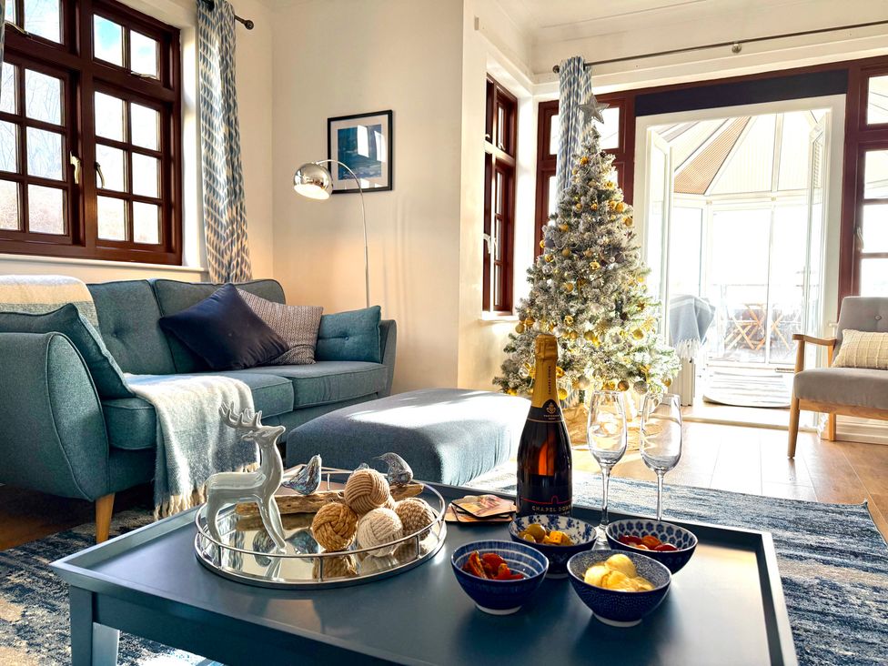 A living room with a sofa and a Christmas tree at Crows Nest Dawlish