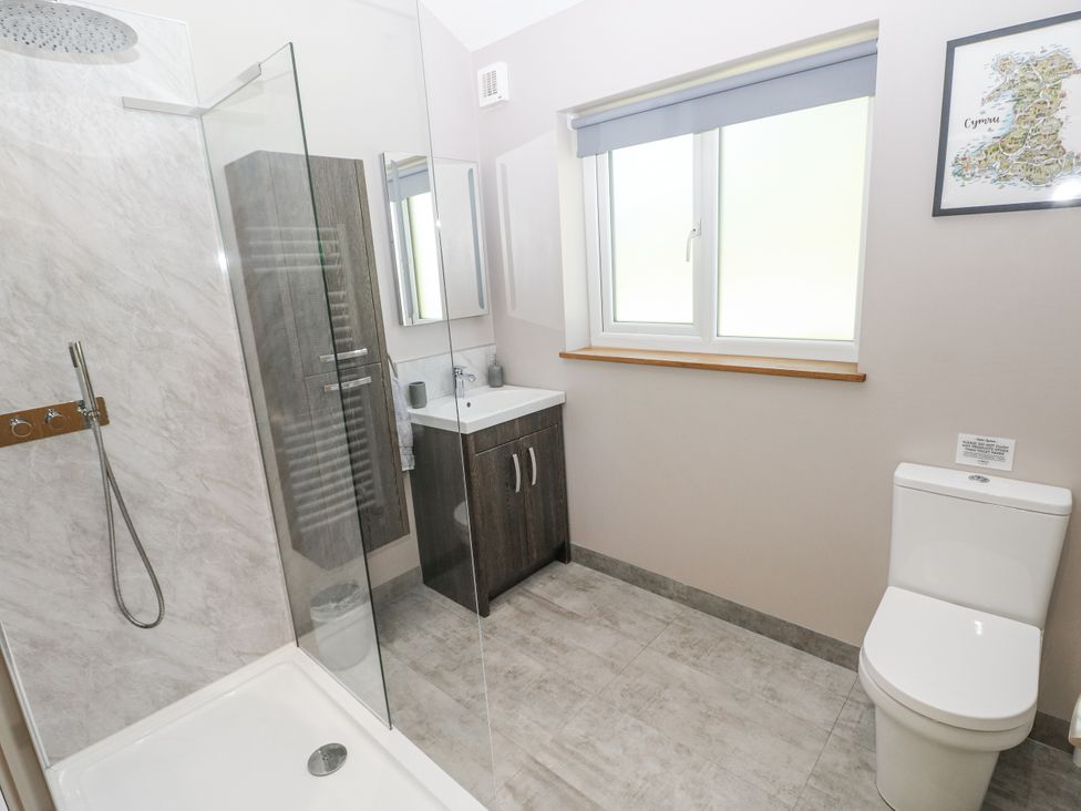 A bathroom with a shower, sink, and toilet at Cadno in Llanybydder