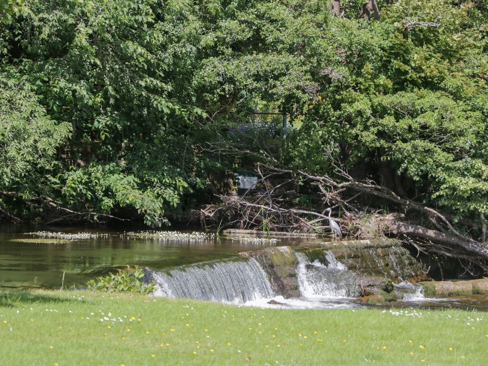 A waterfall flowing into a river surrounded by trees and grass at Thacka Beck Retreat at Eamont Park, Penrith