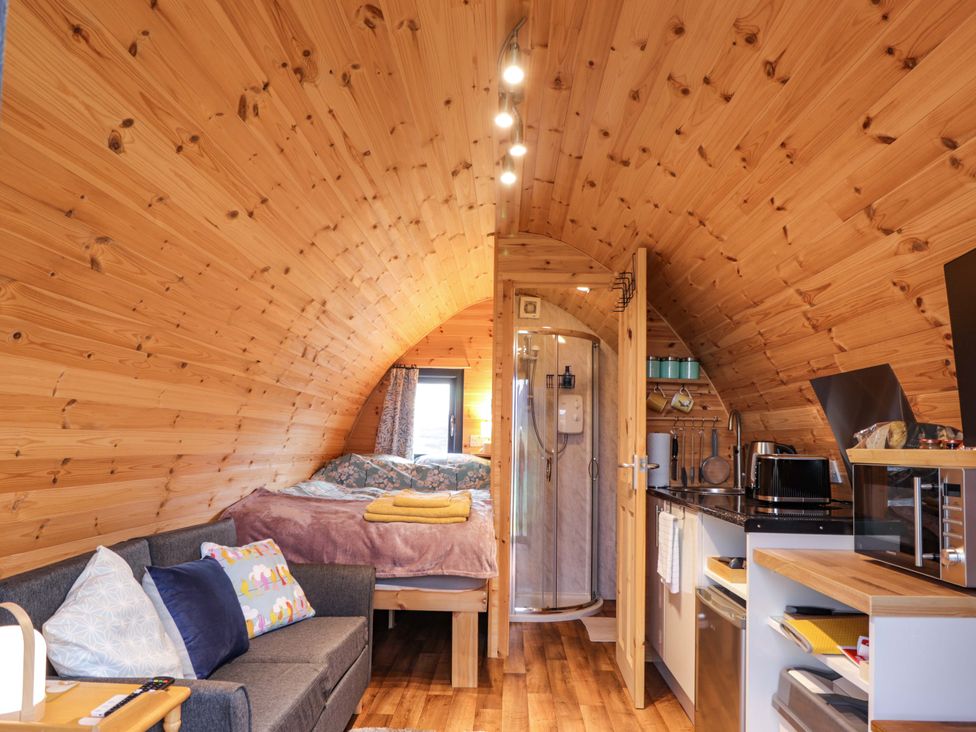 A studio with a bed, sofa, shower, and kitchen counter at The Pod at Greenbank Isle of Skye