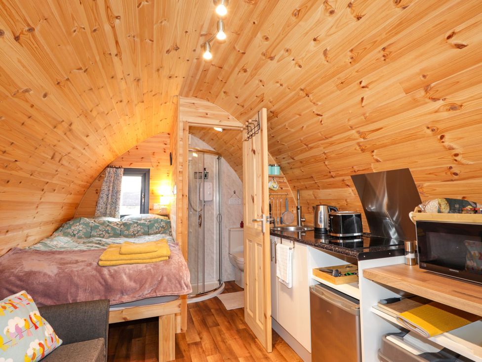 A studio with a bed, kitchenette, and shower at The Pod at Greenbank Kilbride near Broadford