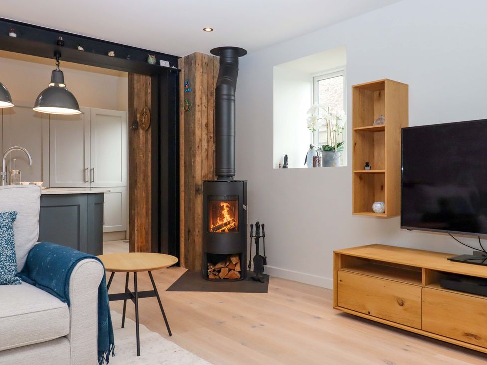 A living room with a stove and a tv at Duke's Barn Blackawton near Dartmouth