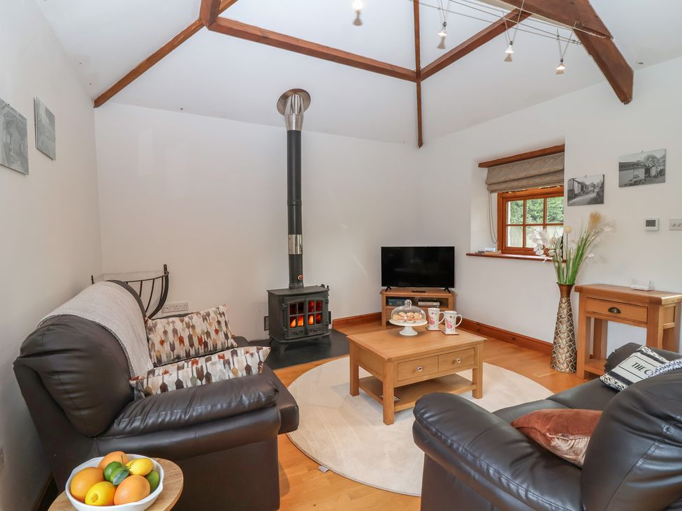 A living room with a wood burning stove and television at The Coach House in Tavistock