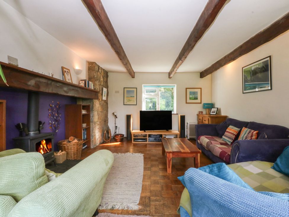 A living room with a television and fireplace at Neuadd Wen in Gaerwen