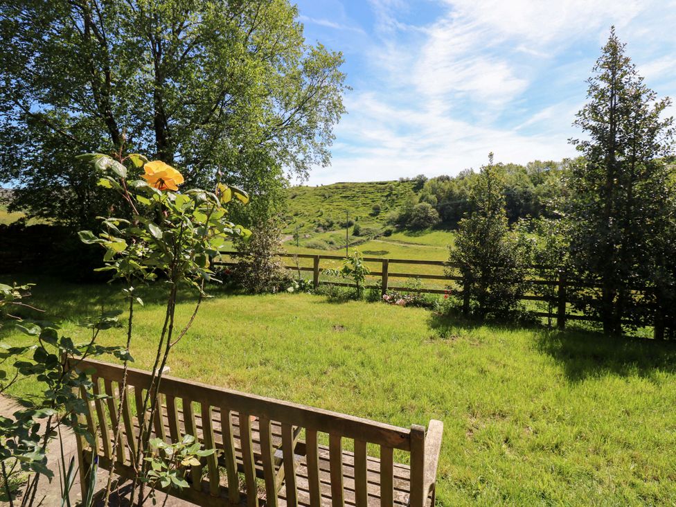 A garden with a bench and a rose bush at Bib Knowl Farm in Littleborough